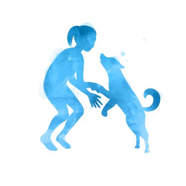 Kız köpek siluet suluboya arka plan üzerinde oynamaya. Güven, dostluk ve evde beslenen hayvan kaygı kavramı. Dijital sanat resim