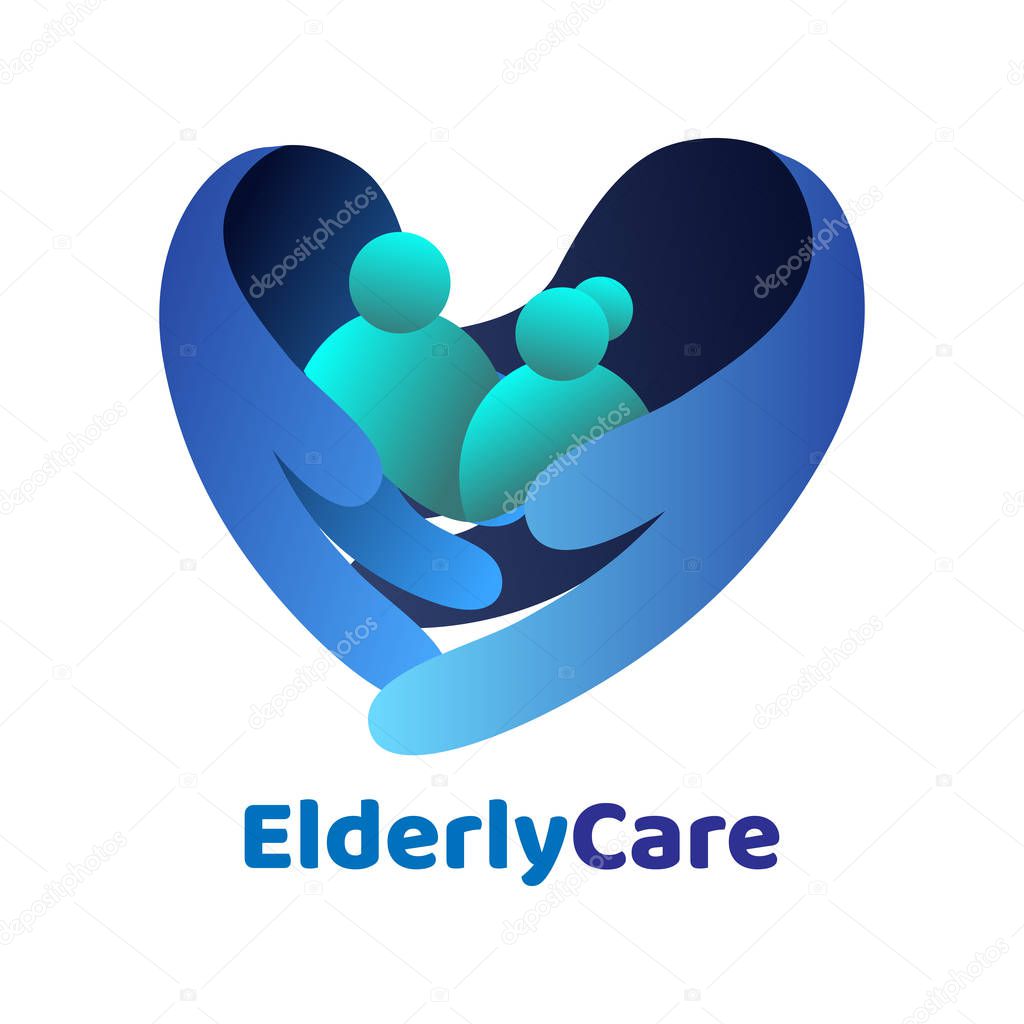 Elderly healthcare heart shaped logo. Nursing home sign.
