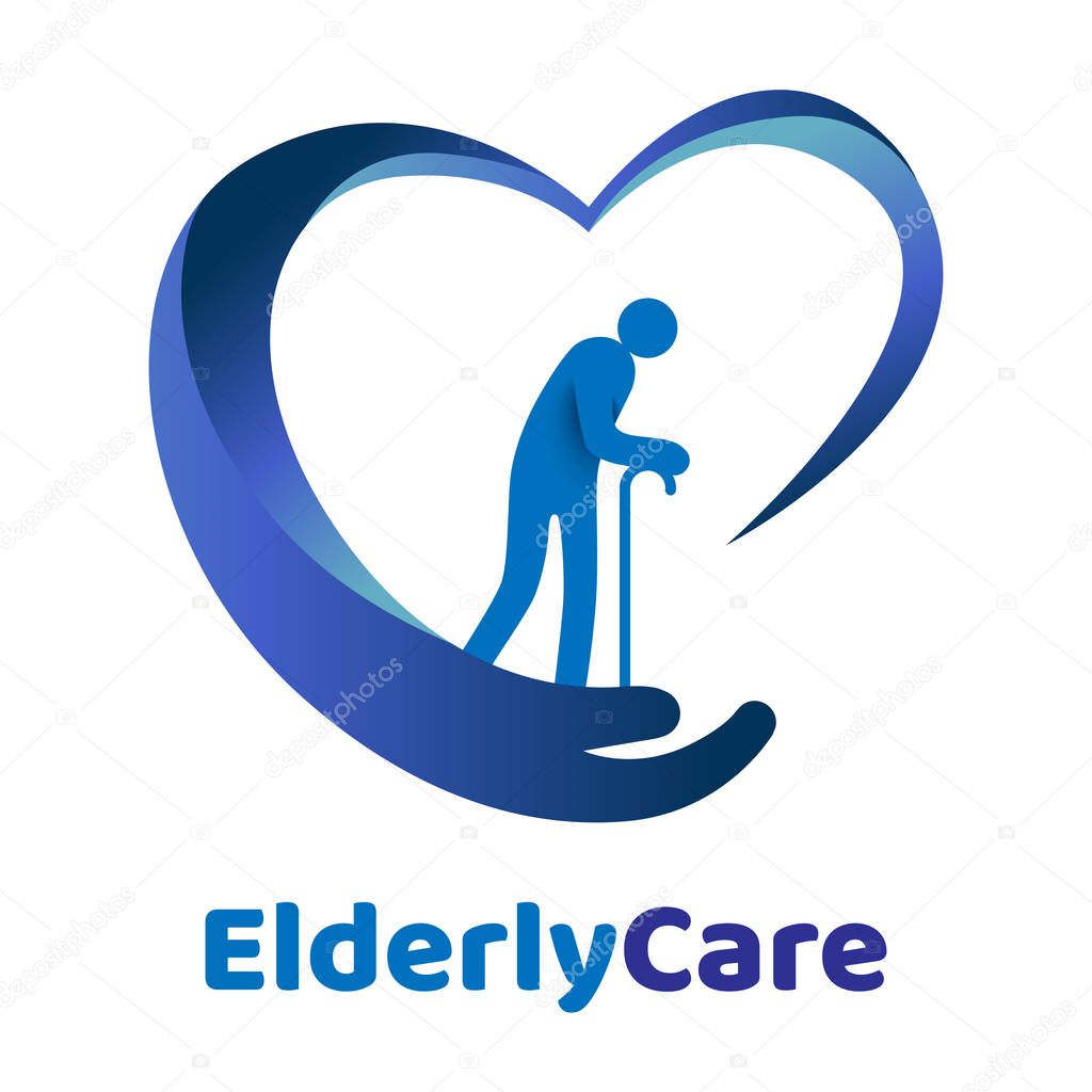 Elderly healthcare heart shaped logo. Nursing home sign.