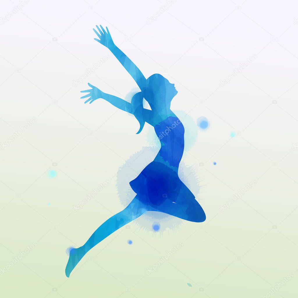 Watercolor of  woman jumping into the air isolated on white back