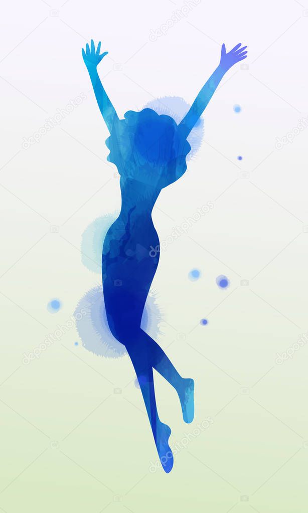 Watercolor of  woman jumping into the air isolated on white back