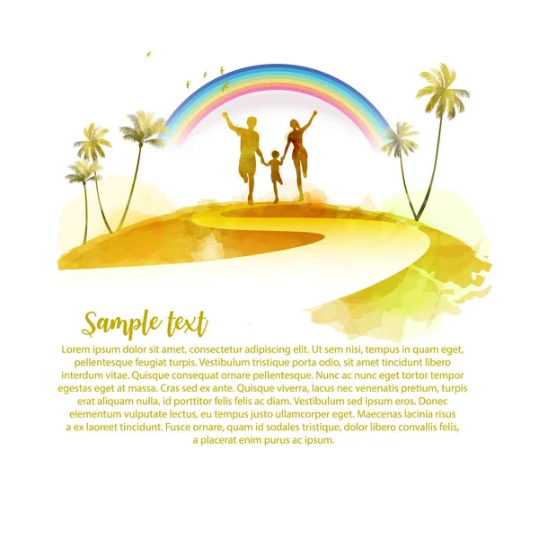 Happy family running silhouettes watercolor. Travel insurance wi — Stock Vector