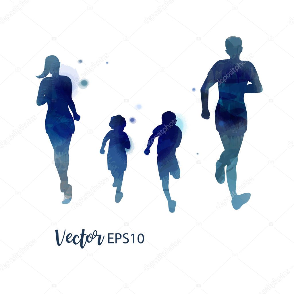 Happy family running silhouettes watercolor. Healthy life. Vecto