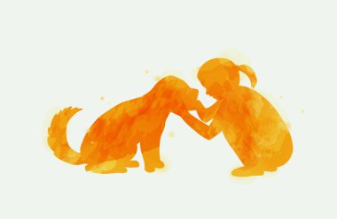 Kız suluboya arka planda köpek silüeti ile oynuyor. Bu konuda 