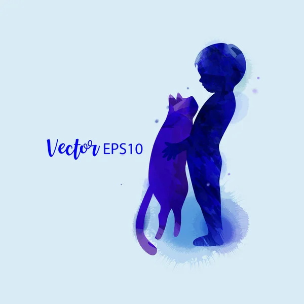 Kisállat gond. Lány játszik kutyával sziluettjét a vízszín háttérben — Stock Vector