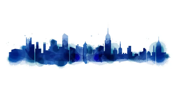Silhuetten av stadens silhuett i akvarell bakgrunden. Skyskrapa — Stock vektor