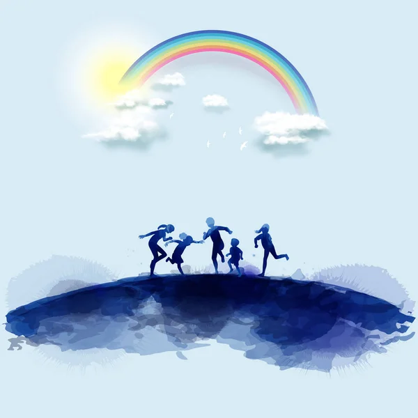 Niños felices saltando juntos bajo el arco iris. Feliz día de los niños — Vector de stock