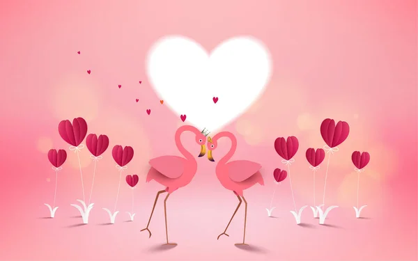 Carte Amour et Saint Valentin. Romantique rose flamant rose oiseaux rejoindre h — Image vectorielle