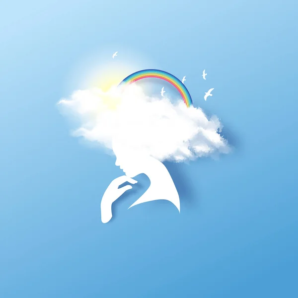 Nube de cabeza. Chica soñadora con cabello nublado arco iris y pájaro aislado — Vector de stock