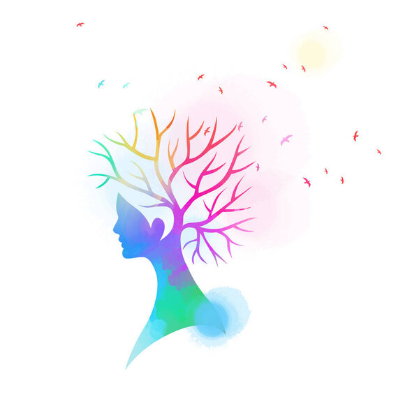 Double exposure illustration. Woman  with trees silhouette on wa