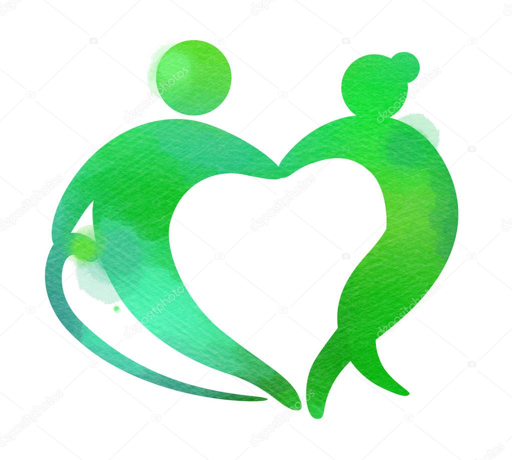 Elderly healhtcare heart shaped logo. Nursing home sign silhouette on watercolor background. Digital art painting.