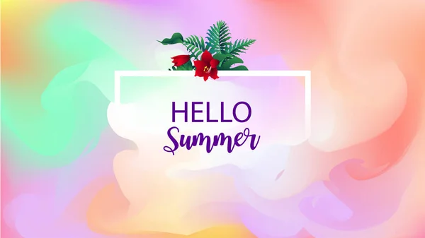 Hello Summer Sign tekst met tropische bladeren over vierkant frame AR — Stockvector