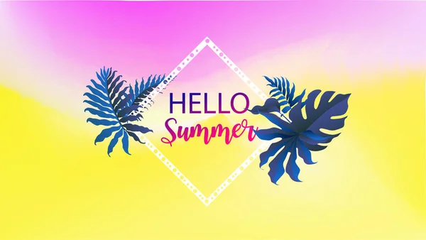 Hello summer sign text with tropical leaves over square frame ar — Stock Vector