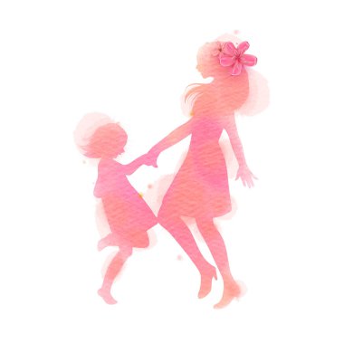 Suluboya arka plan üzerinde Mutlu anne ve kız dans siluet. 