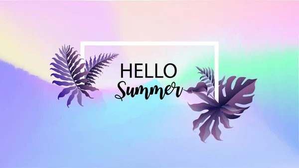 Hello summer sign text with tropical leaves over square frame ar — Stock Vector