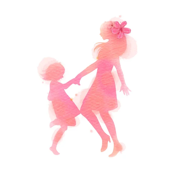 Feliz mamá y niña bailando silueta sobre fondo acuarela . — Vector de stock