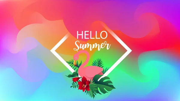 Napis Hello Summer w akwareli z różowym flamingiem — Wektor stockowy