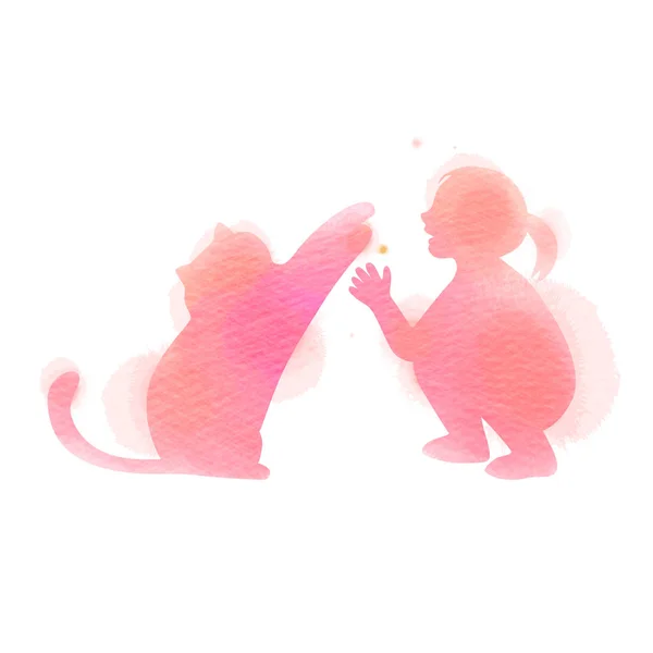 Fille jouant avec la silhouette de chat sur fond aquarelle. Le c — Image vectorielle