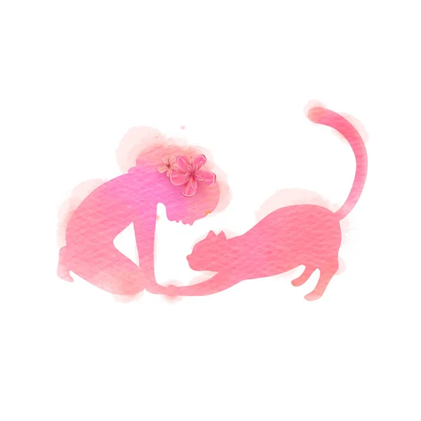 Chica jugando con silueta de gato sobre fondo acuarela. La c — Vector de stock