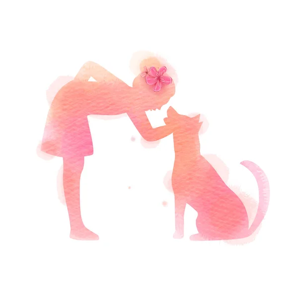 Girl playing with dog  silhouette on watercolor background. The — Stock Vector