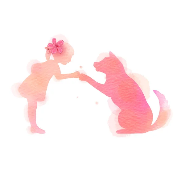 Mädchen spielt mit Hundesilhouette auf Aquarell-Hintergrund. die — Stockvektor