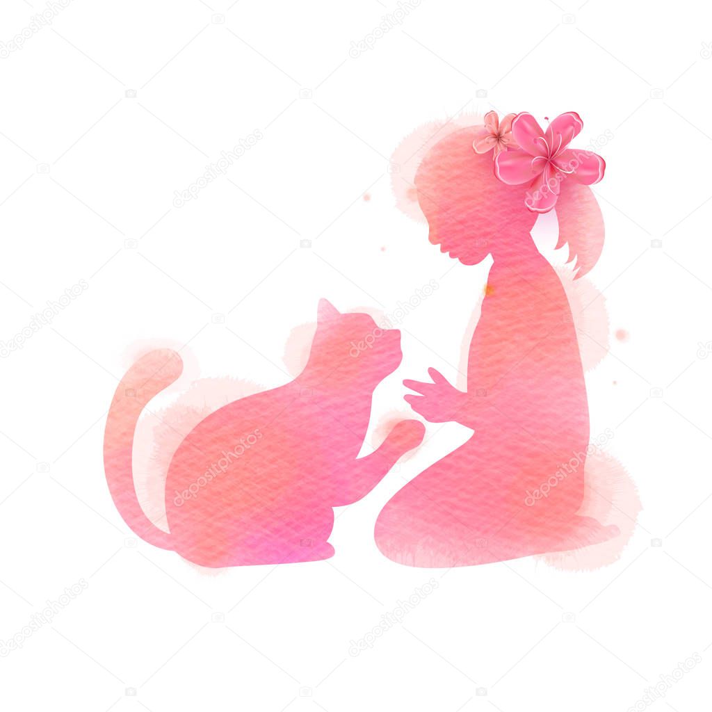 Girl playing with cat silhouette on watercolor background. The c