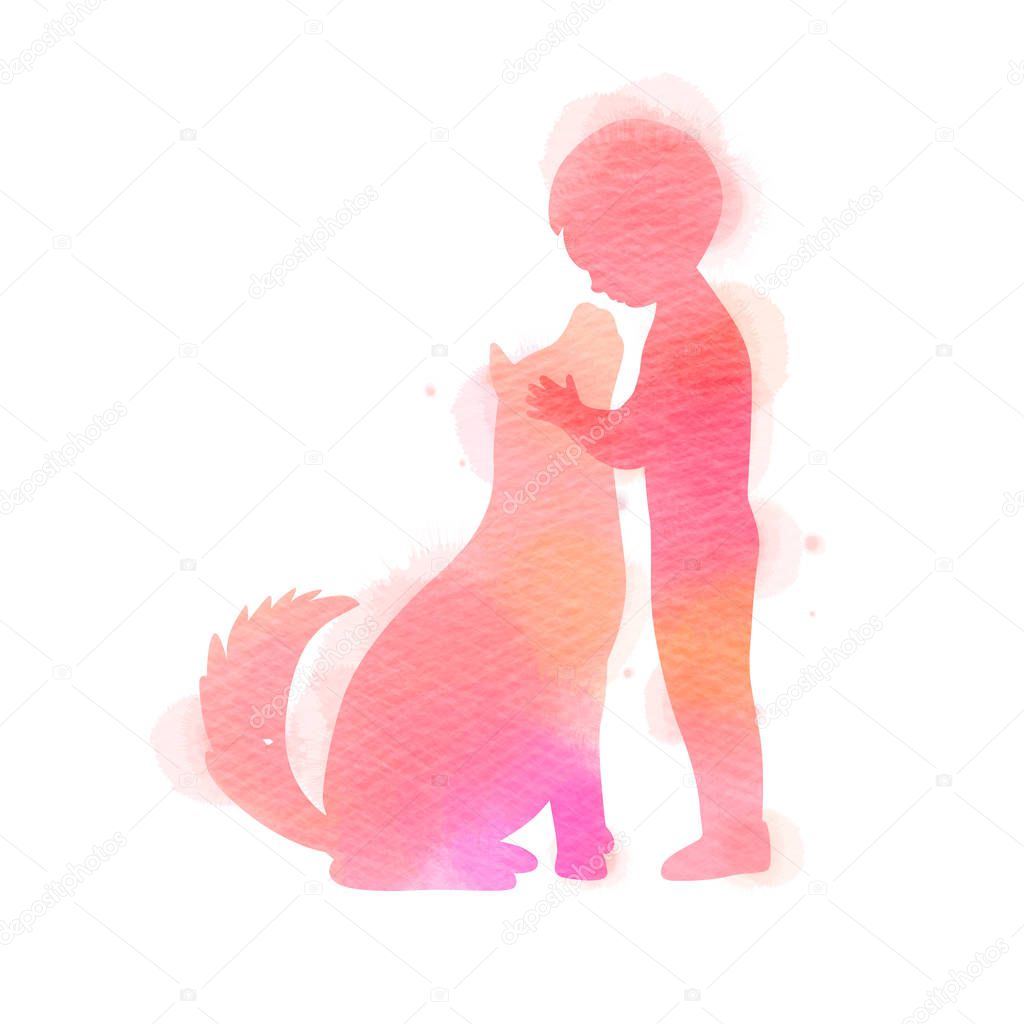 Boy playing with dog  silhouette on watercolor background. The c