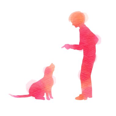 Suluboya arka planda köpek silueti ile oynayan bir çocuk. Th