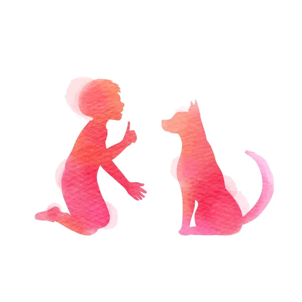 Ein Kind, das mit Hundesilhouette auf Aquarell-Hintergrund spielt. th — Stockvektor