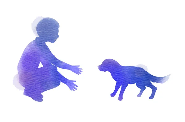 Un niño jugando con silueta de perro sobre fondo acuarela. Th — Vector de stock