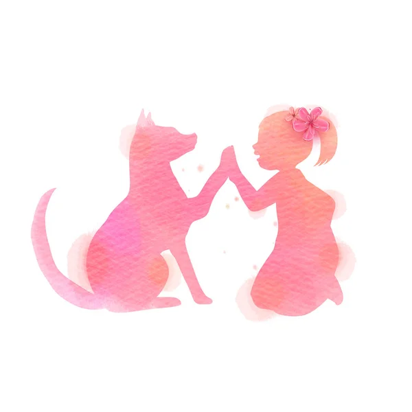 Cura degli animali. Un ragazzo giocare con gatto silhouette su acquerello backg — Vettoriale Stock