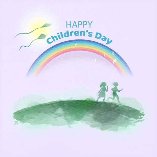 Acuarela de niños felices corriendo juntos. Feliz día de los niños — Vector de stock