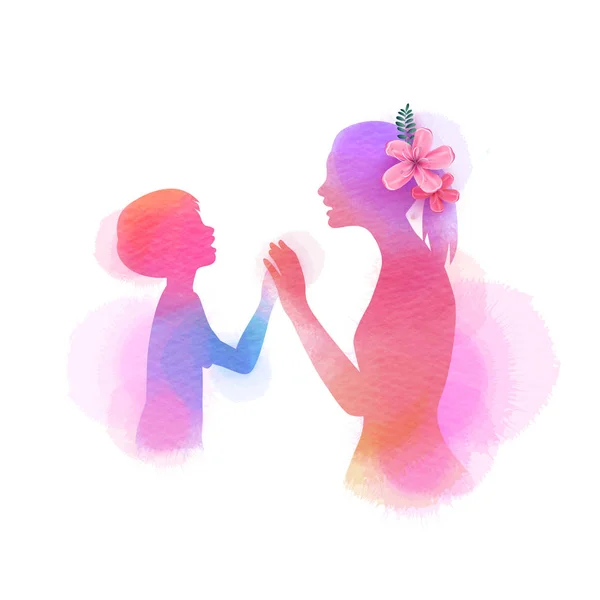 Happy mother's Day. Zijaanzicht van gelukkige moeder met zoon silhouet — Stockvector