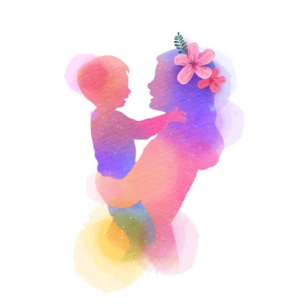 Happy mother's Day. Zijaanzicht van gelukkige moeder met haar kind silhou — Stockvector