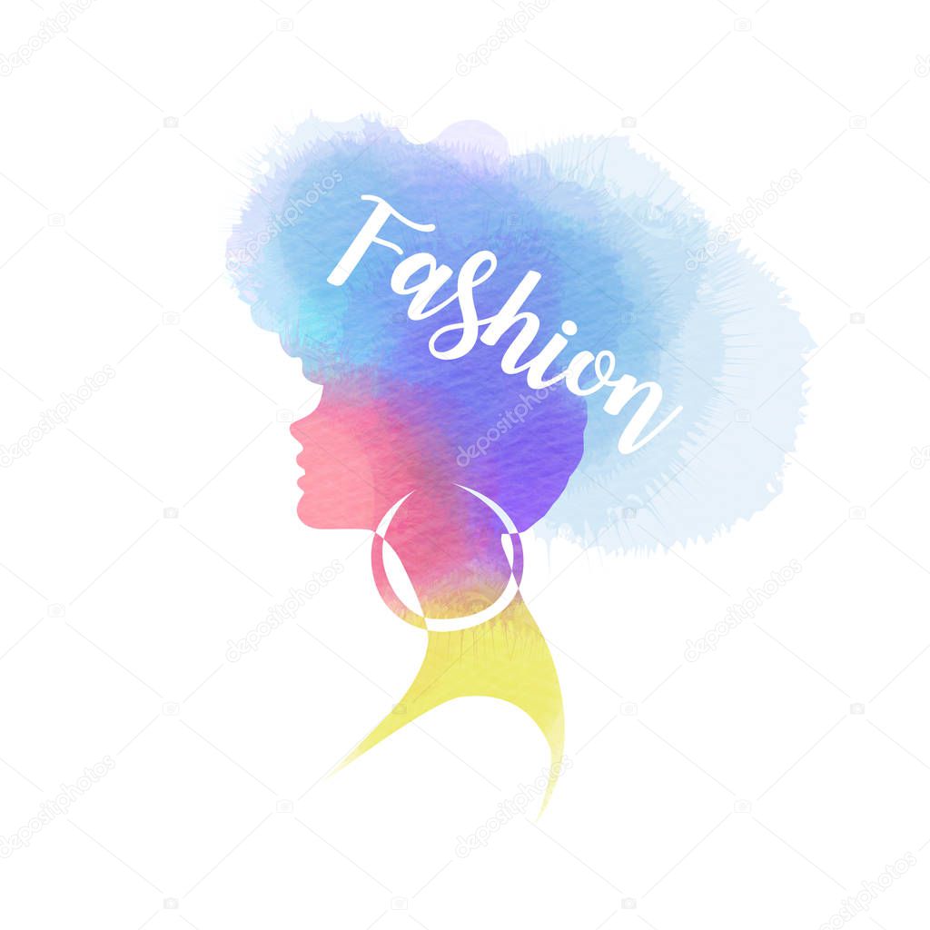 Illustration of woman beauty salon silhouette plus abstract watercolor.  Fashion logo. Digital art painting. Vector illustration.