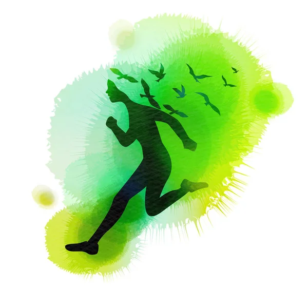 Aquarelle de femme sautant avec des oiseaux volants dans l'isol de l'air — Image vectorielle