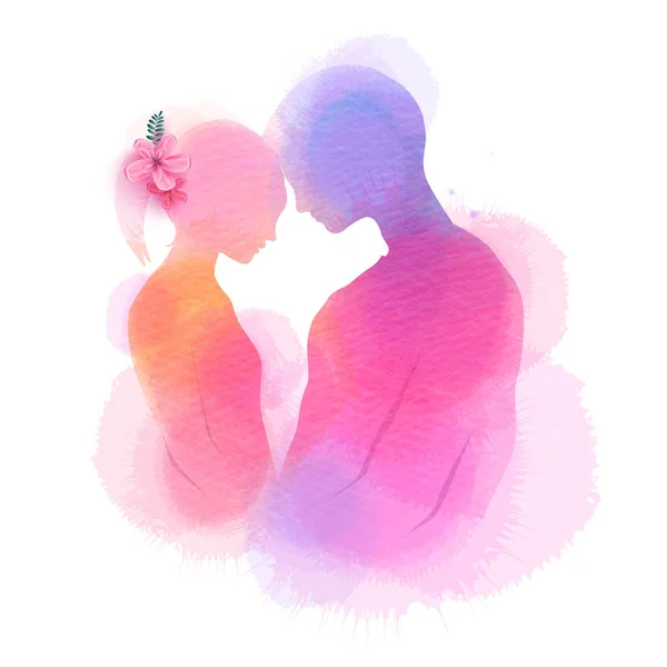 Romantico San Valentino amanti silhouette su sfondo acquerello. L — Vettoriale Stock