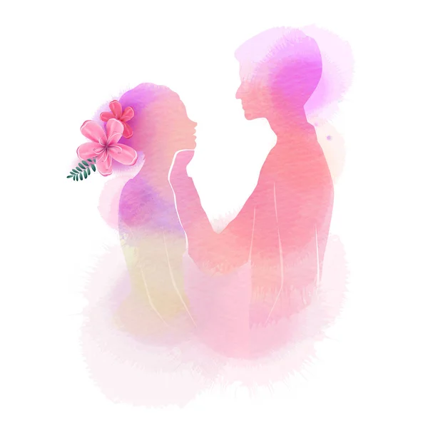 Romantische Valentinstag-Silhouette auf Aquarell-Hintergrund. l — Stockvektor