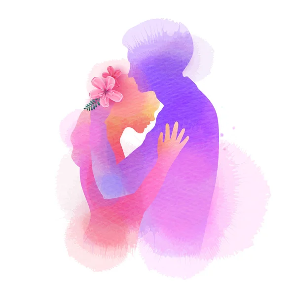 Romantique Valentine amoureux silhouette sur fond aquarelle. L — Image vectorielle