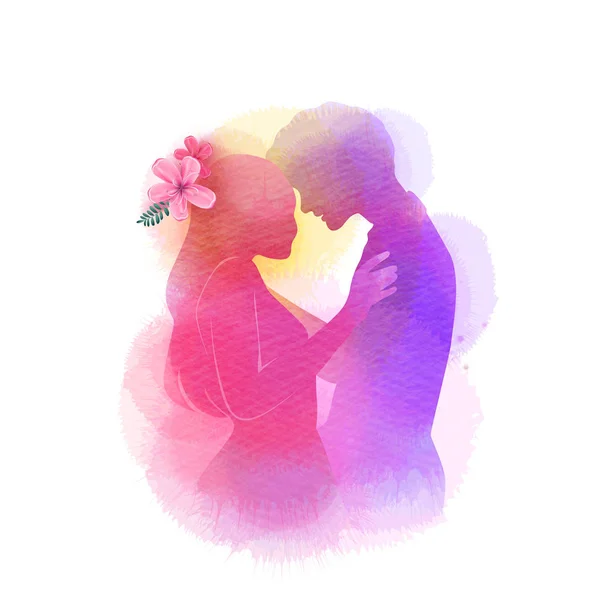 Romantische Valentinstag-Silhouette auf Aquarell-Hintergrund. l — Stockvektor