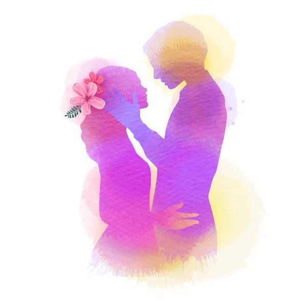 Romantic Valentine lovers silhouette on watercolor background. L — Stock Vector