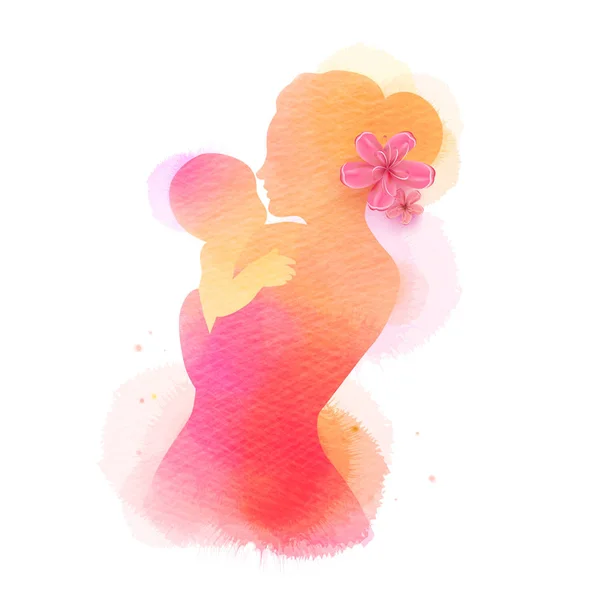 Happy mother's Day. Zijaanzicht van gelukkige moeder met baby silhouet — Stockvector