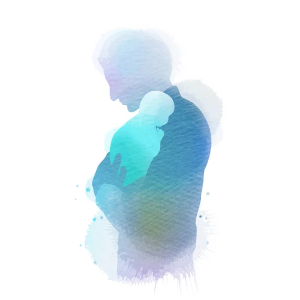 Pai segurando silhueta do bebê mais aquarela abstrata pintada . —  Vetores de Stock