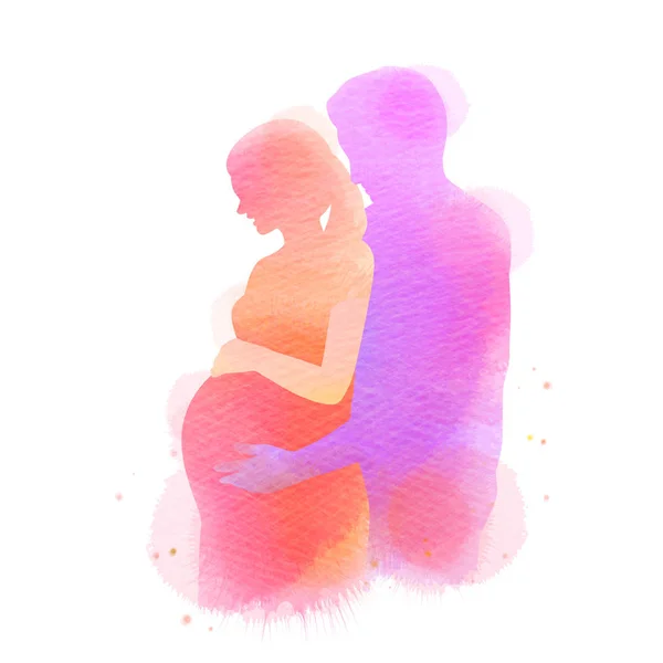 Pregnant woman with her husband silhouette plus abstract waterco — Stock Vector