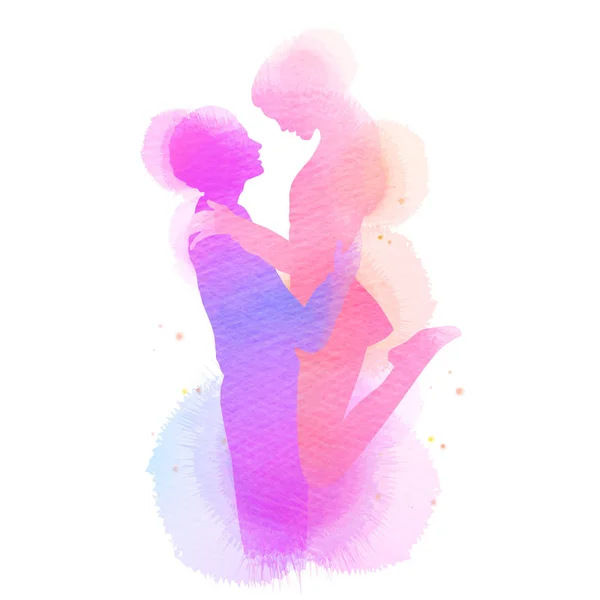 Romantique Valentine amoureux silhouette sur fond aquarelle. L — Image vectorielle