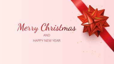 Kırmızı kurdeleli kurdeleli hediye kartları. Vektör İllüstrasyon. Mutlu Noel ler ve Happy New Year arka plan.