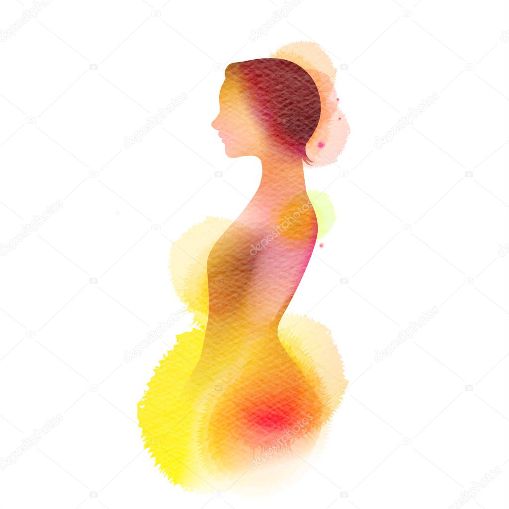 Double exposure illustration. Woman silhouette plus abstract watercolor painting. Digital art painting.