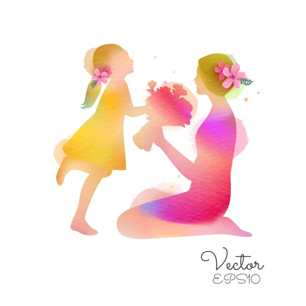 母の日おめでとう子供の娘の側面図は お母さんを祝福し 彼女の花のシルエットプラス抽象的な水彩画を与えます デジタルアート絵画 ベクトルイラスト — ストックベクタ