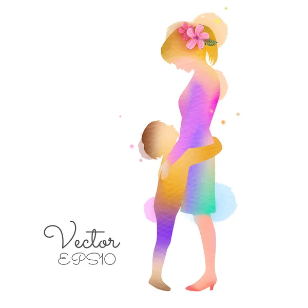 Feliz Día Madre Vista Lateral Niño Feliz Abraza Madre Silueta — Vector de stock