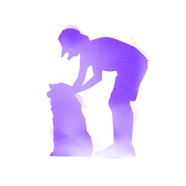 宠物狗照顾 一个女孩在水彩画背景上玩狗的轮廓 信任的概念 数码艺术绘画 — 图库照片